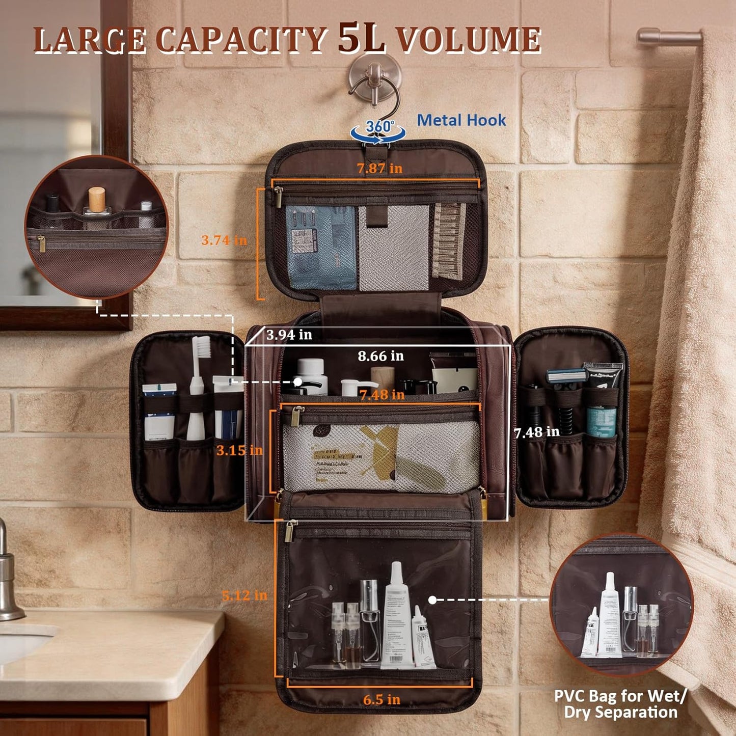 Personalized Leather Travel Toiletry Bag | Men's Dopp Kit Organizer - Tan Brown with Initial J