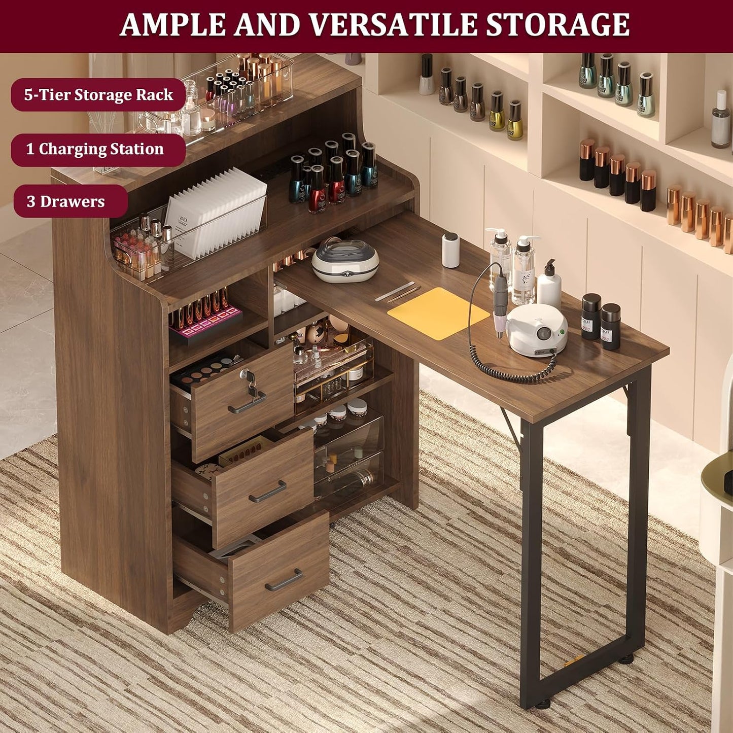 Foldable Nail Desk - L Shape Manicure Table with Drawer & Charging Station | Portable Beauty Salon Workstation (Brown)