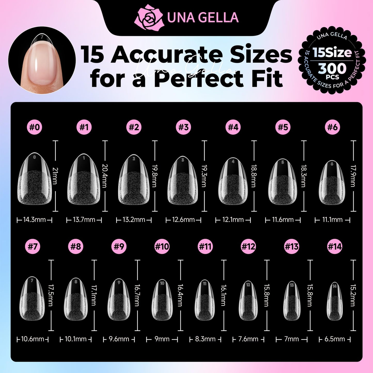 UNA GELLA Short Almond Gel Nail Tips 15 Sizes 300PCS Pre-Etched Soft Gel Clear Nail Tips Easy DIY Salon Short Almond Press On Nails Snug Fit Acrylic Fake Tips Extensions Long-Lasting Hold
