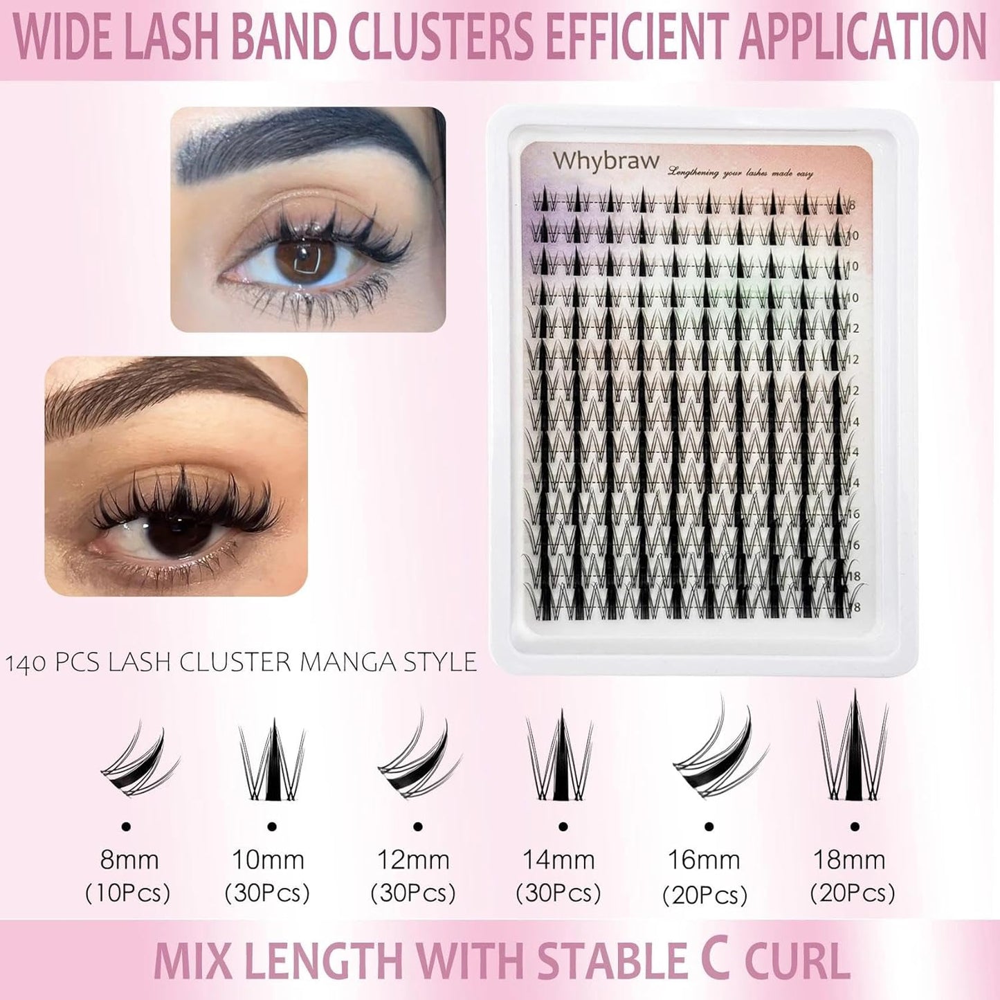Manga Cluster Eyelash Extensions - Spiky C-Curl Wispy Lashes | 8-18MM, 140pcs, Ultra-Thin Band