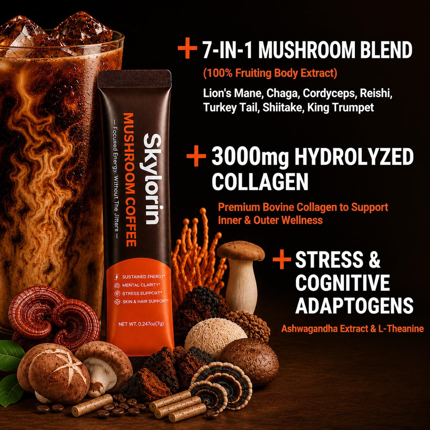 Skylorin 30 Sticks Mushroom Coffee - 7 Adaptogenic Mushrooms & 3000mg Collagen, Ashwagandha & L-Theanine - Smooth Low-Acid Instant Coffee Packets for Focus, Energy, Digestion, Skin & Immune Support