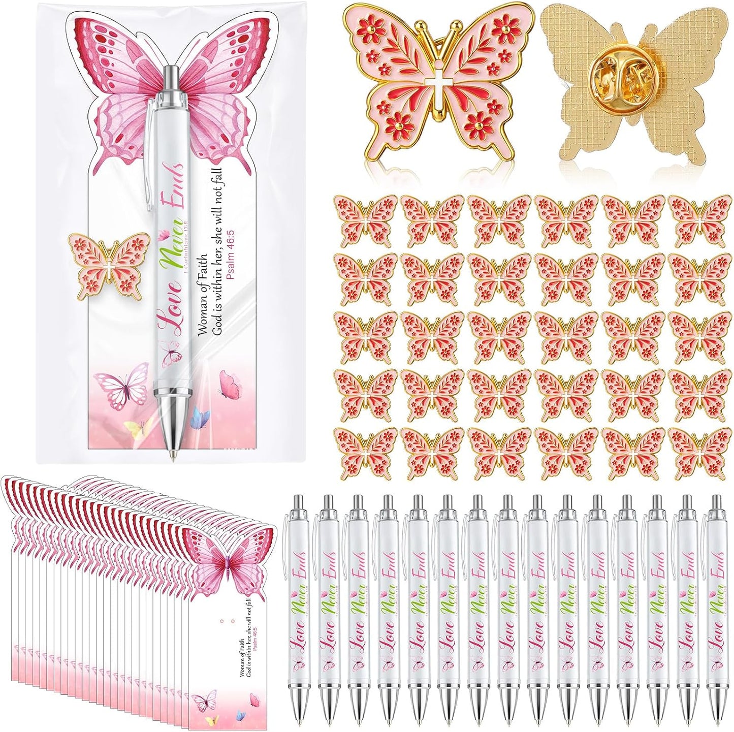 Christian Gifts for Women of Faith - 25 Set with Butterfly Pins, Pens, Cards & Bags | Bible Verse Party Favors