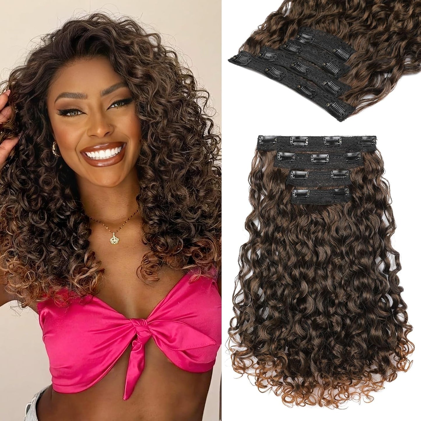 Curly Hair Extensions - 4PCS 18" GoGo Curly Clip-Ins | 100% Protein Hairpieces, Honey Blonde Highlights