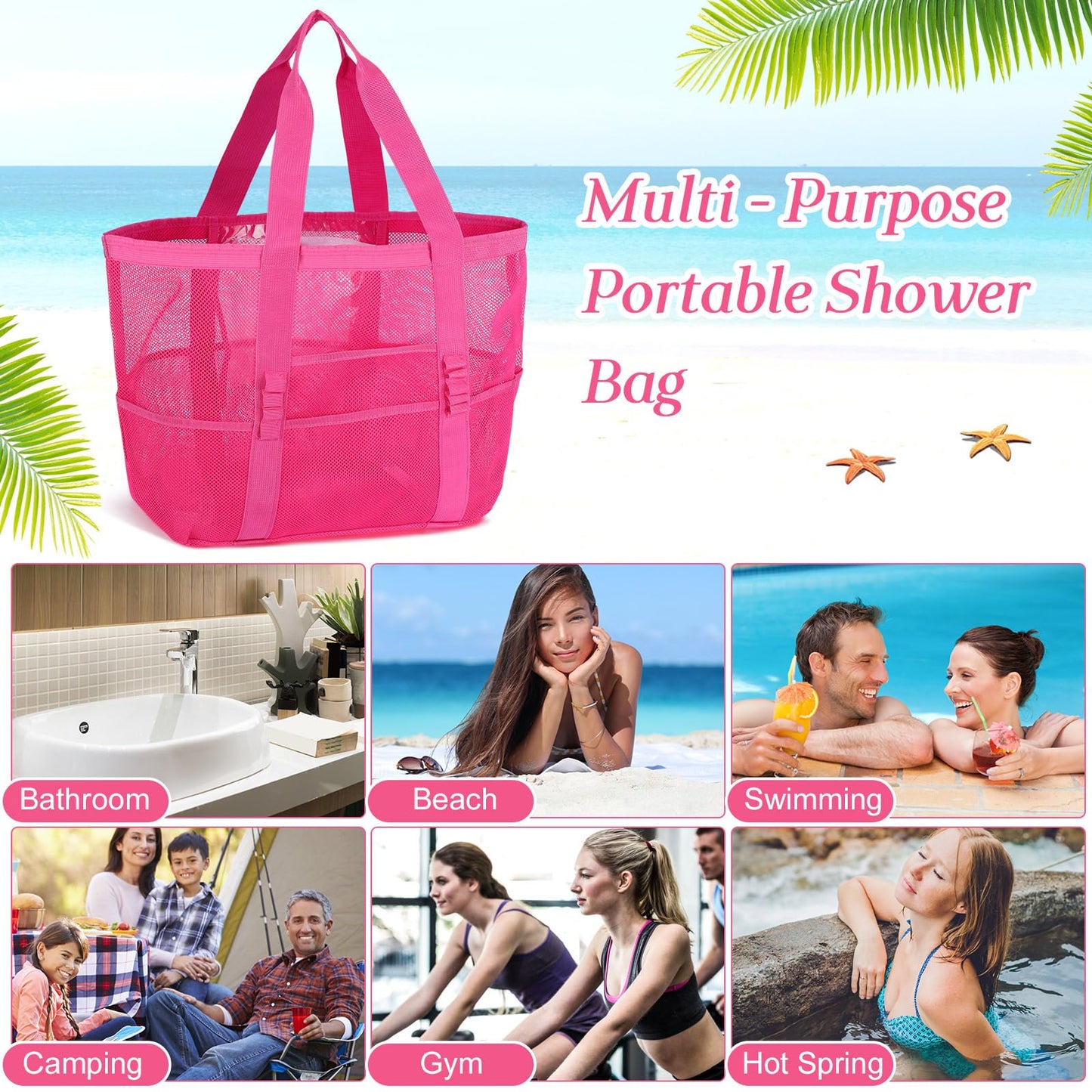 Hillban Large Beach Mesh Bags Bulk for Women Beach Tote Bag with 8 Pocket Zipper Waterproof Sandproof for Pool Cruise Ship(Rose Red,3 Pcs)