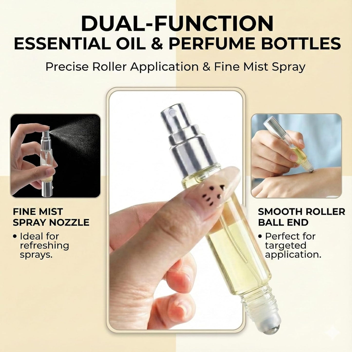 Travel Perfume Bottle Set - 4PCS Refillable Glass Atomizers with Dual-Head Spray & Roller Ball | 10ml Amber & Clear