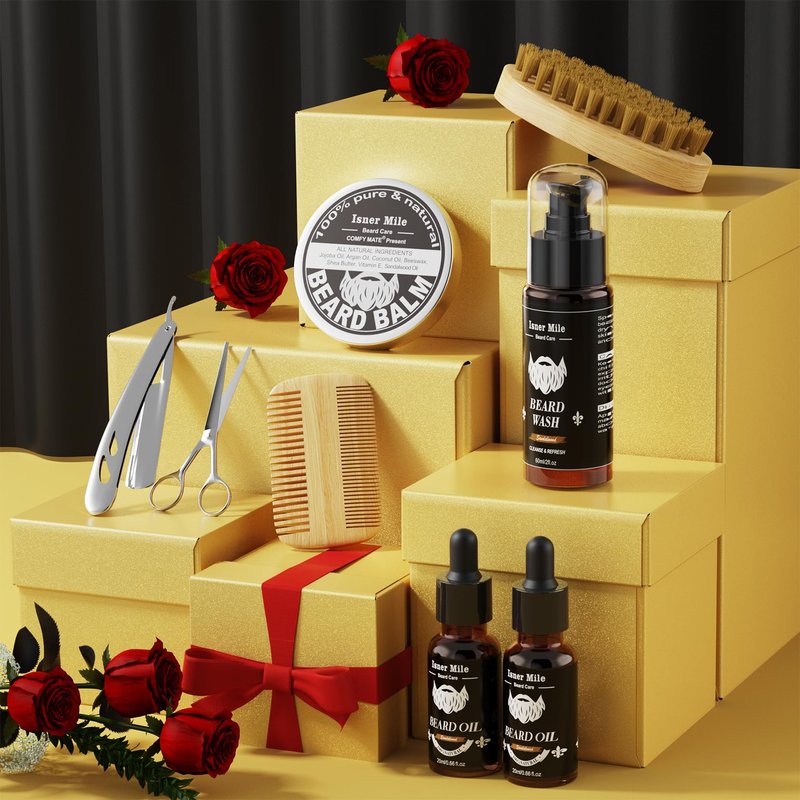 Isner Mile Beard Grooming Kit for Men Care: with Beard Oil Balm Wash Brush Comb & Straight Razor, Birthday Valentines Fathers Gifts for Men Him Boyfriend Husband Coworker, Christmas Stocking Stuffers