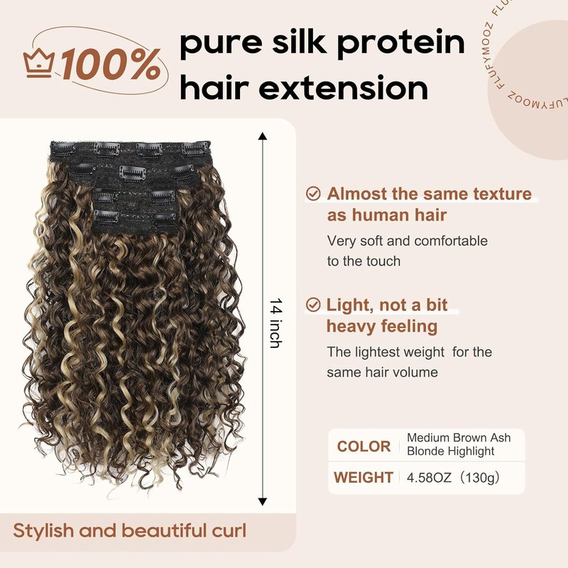 Flufymooz 4PC Clip-In Hair Extensions - 14 Inch Natural Soft Deep Curly Wavy Hairpiece | Medium Brown Ash Blonde Highlights