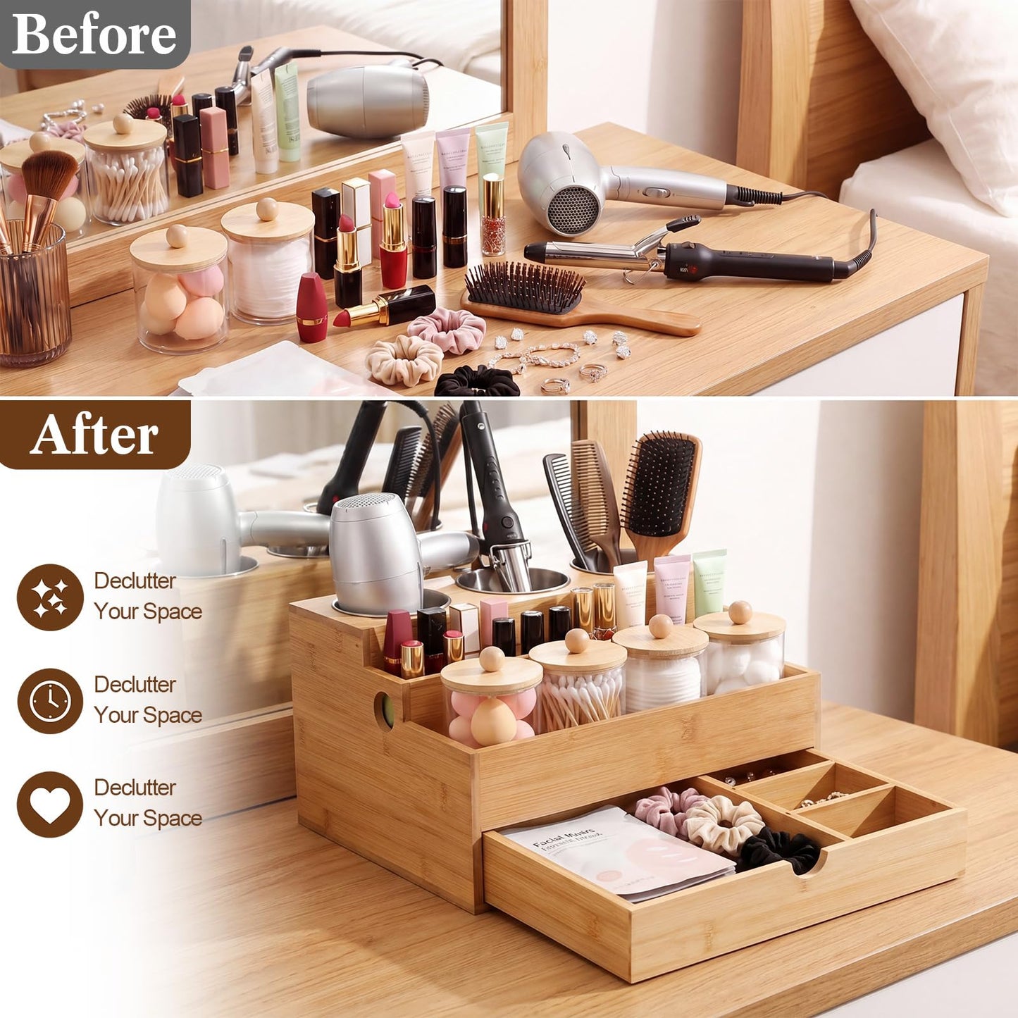 Havawish Hair Tool Organizer with Drawer Bamboo Bathroom Countertop Organizer with 4 Plastic Cotton Ball Holder Countertop Blow Dryer Holder Vanity Caddy Storage Stand for Hair Accessory, Makeup