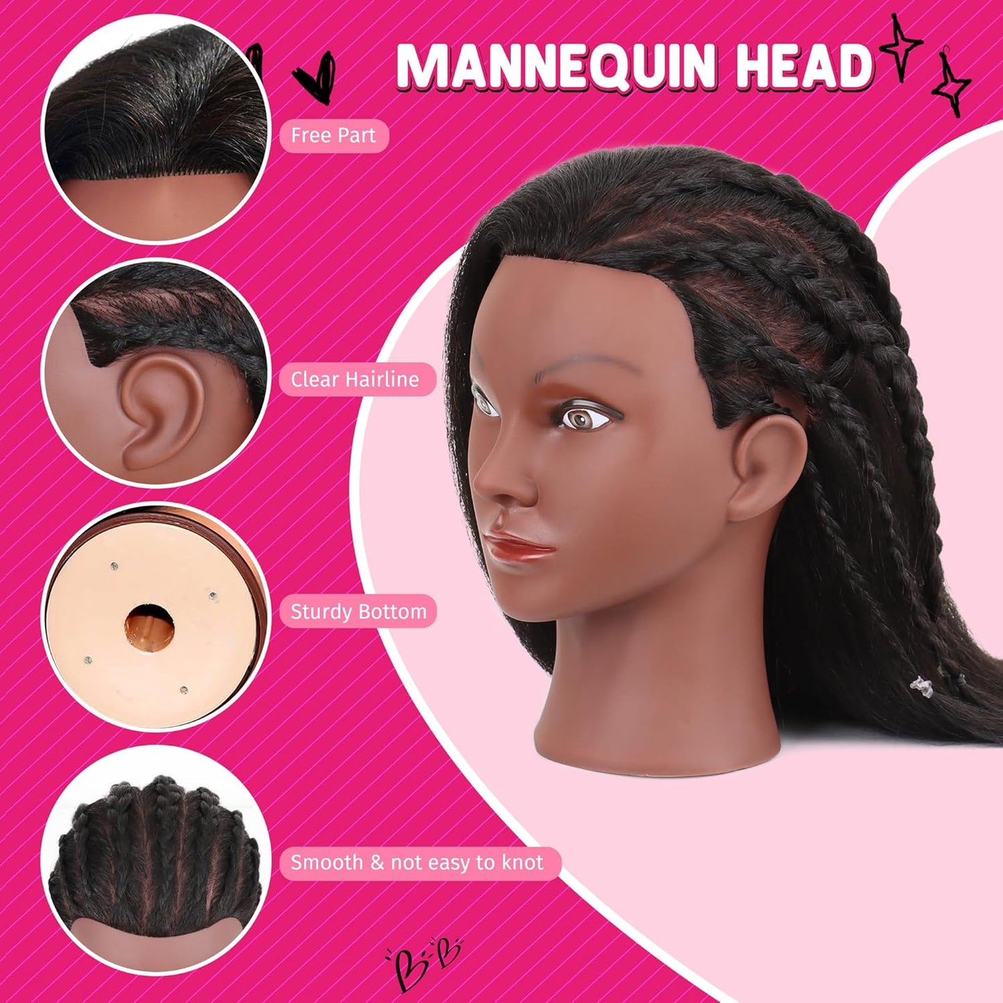 Mannequin Head with Human Hair - 14" Cosmetology Manikin for Hair Styling & Braiding Practice | Includes Clamp Holder