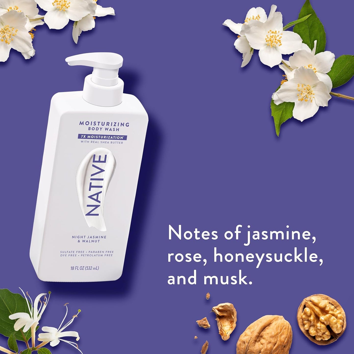 Moisturizing Body Wash - Naturally Derived Ingredients | Sulfate, Paraben & Dye Free | Night Jasmine & Walnut, 18 oz