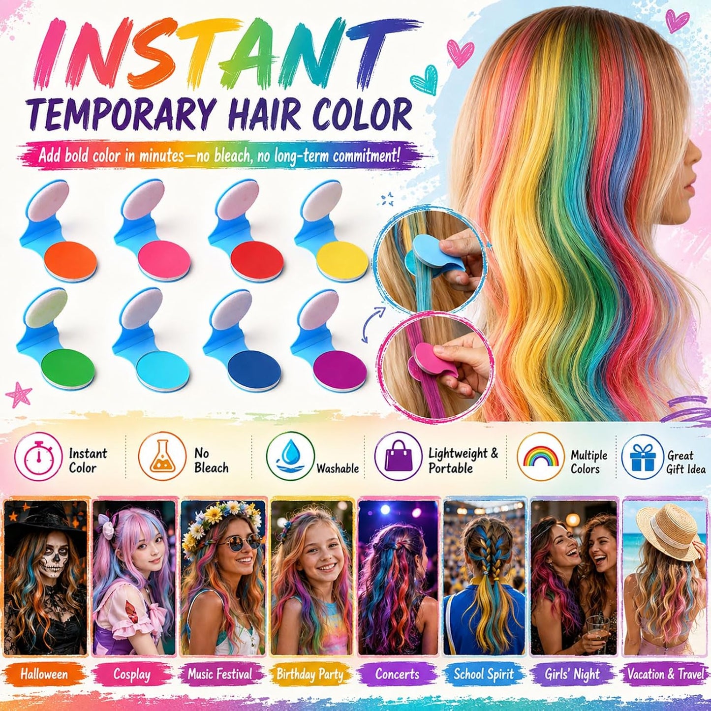Temporary Hair Chalk - Washable Hair Dye for Festivals & Events | 8 Vibrant Colors for DIY Party & Cosplay