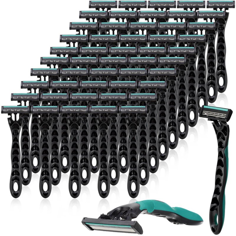 Leriton 50 Pcs Men's Disposable Razors Bulk 3 Blade Men Razors for Head Sensitive Skin Comfortable Shave, Individually Wrapped