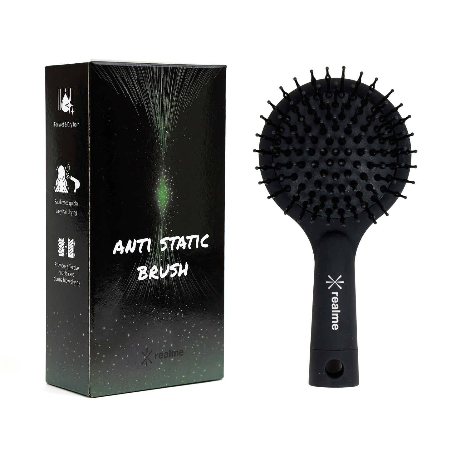 REALME Anti-Static Round Hair Brush with Pocket Mirror, Compact Travel Detangling Brush for Frizz Control, Flexible Bristles for Fine to Thick Hair, Made in Korea