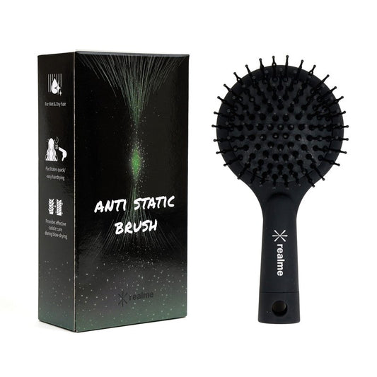 REALME Anti-Static Round Hair Brush with Pocket Mirror, Compact Travel Detangling Brush for Frizz Control, Flexible Bristles for Fine to Thick Hair, Made in Korea