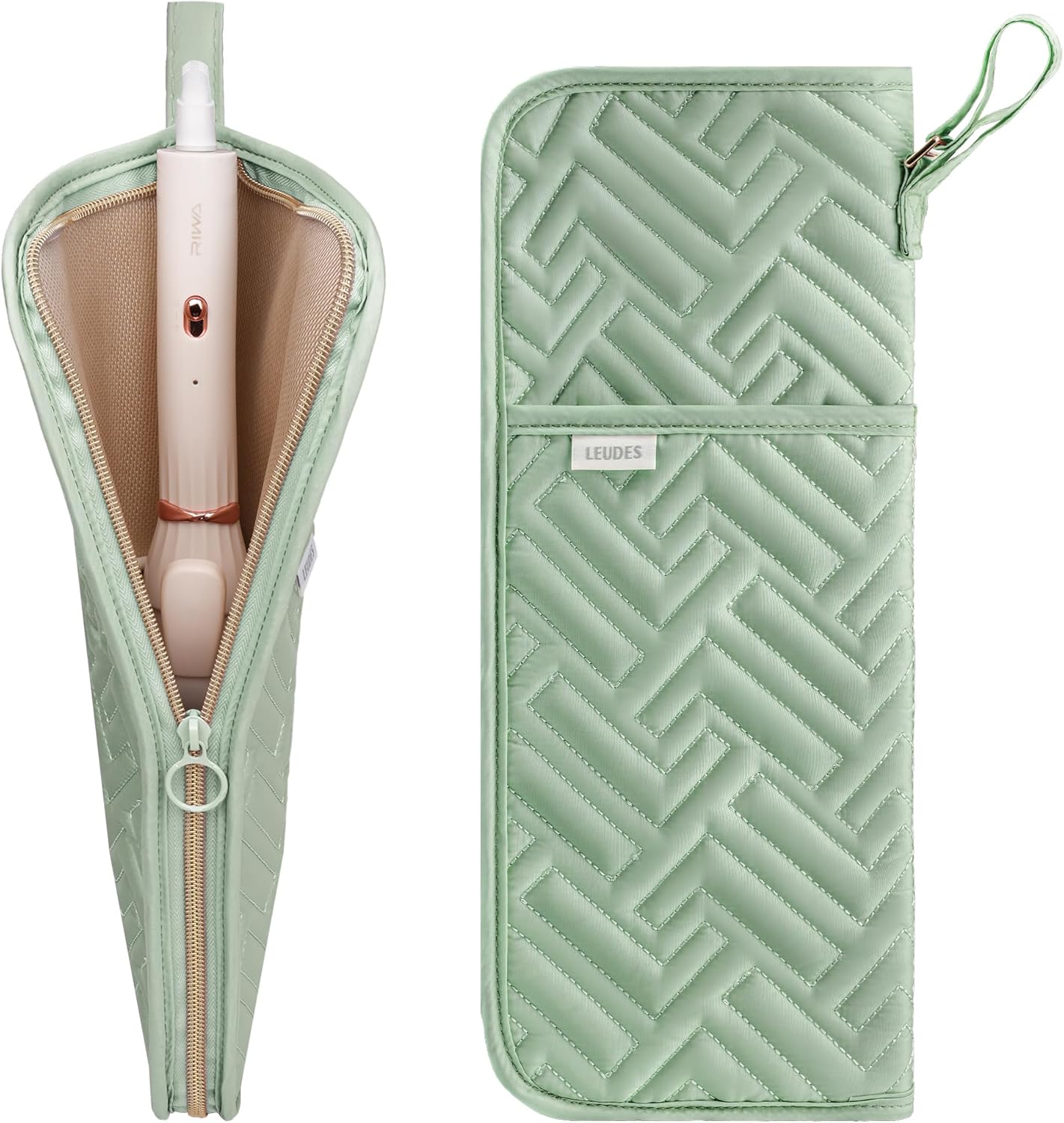 Hair Tool Organizer - Heat Resistant Mat for Flat Iron & Curling Iron | Travel Bag & Pouch in Sage Green