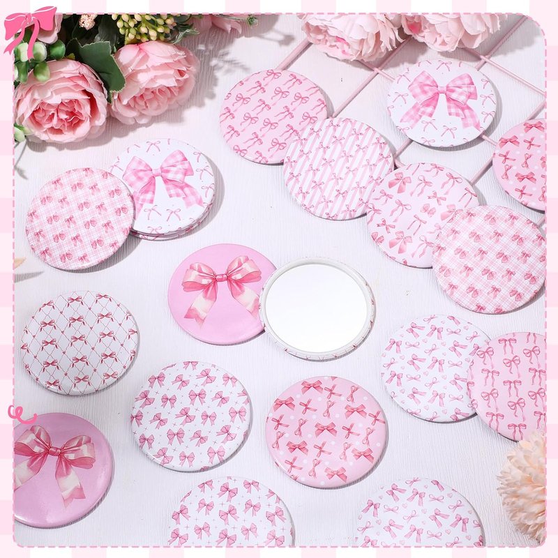 20 Pcs Pink Bow Compact Mirrors - 2.75 Inch Round Portable Makeup Mirrors | Party Favors & Gifts for Women