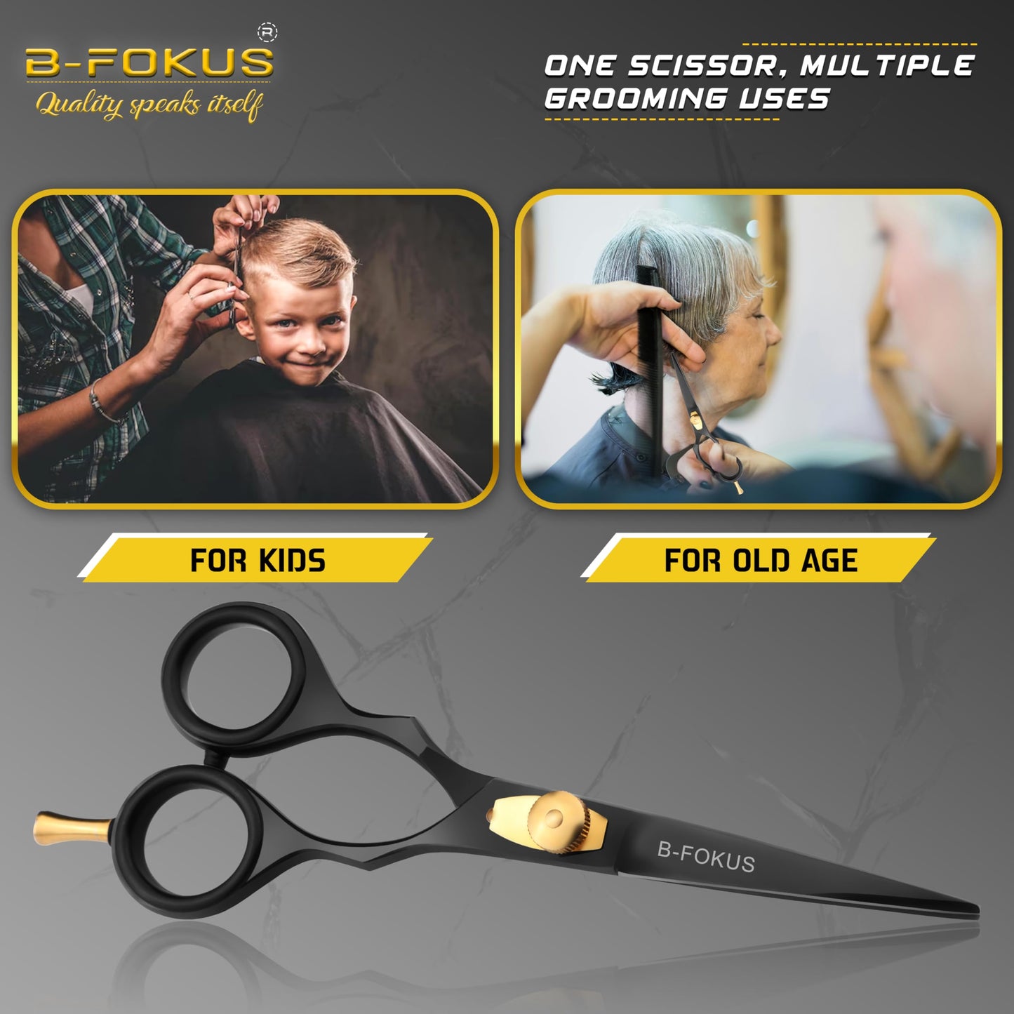 B-FOKUS Hair & Beard Trimming Scissors Kit – 5.5” High Carbon Stainless Steel Mustache & Hair Scissors for Men, Women & Kids Adjustable Tension Screw – Come with Tweezers, Combs & Travel Pouch
