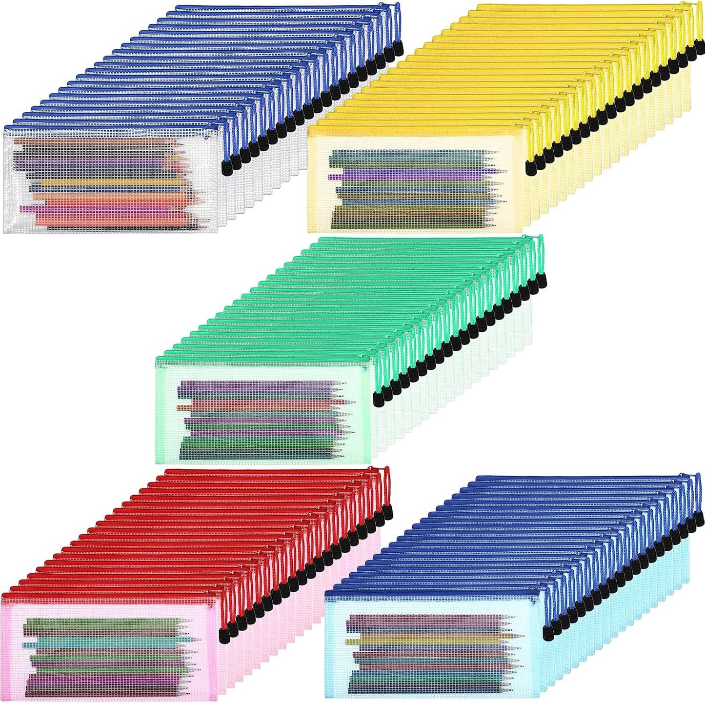 Pencil Pouch Bulk - 100 Pack Mesh Zipper Cases for Office & Cosmetics | 9.5'' x 4.5'' Vivid Color Storage Bags