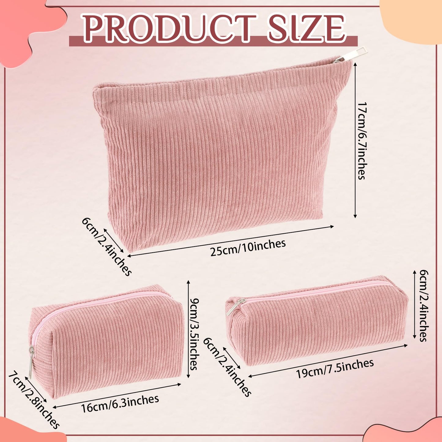 Huhumy 3 Pcs Makeup Bag Set for Women Corduroy Cosmetic Pouch Aesthetic Smile Travel Toiletry Bag Cute Purse Pouch Pencil Case Makeup Brushes Storage Organizer with Zipper(Pink,Solid Style)