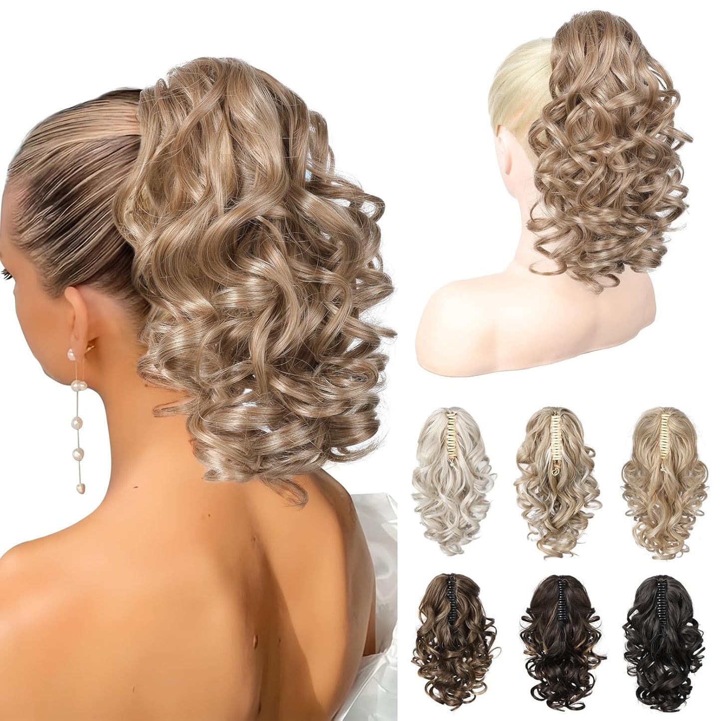 12-Inch Ponytail Extension - Classic Loose Curly Wavy Claw Clip Hairpiece for Women | Medium Blonde