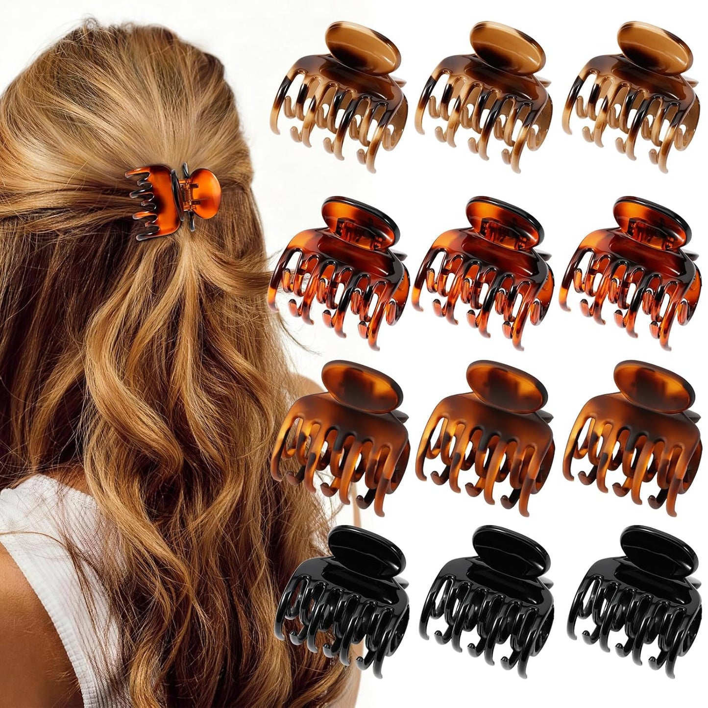 12 Pcs Small Claw Clips for Women - Double Row Teeth Hair Clips for Thin to Medium Hair | Tortoise Shell & Black