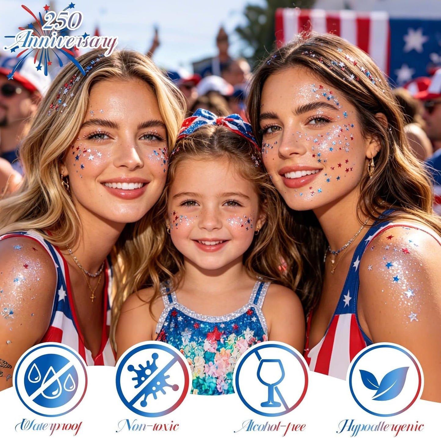 Red White Blue Face & Body Glitter Stick - Patriotic Sparkling Makeup for 4th of July | Star Design
