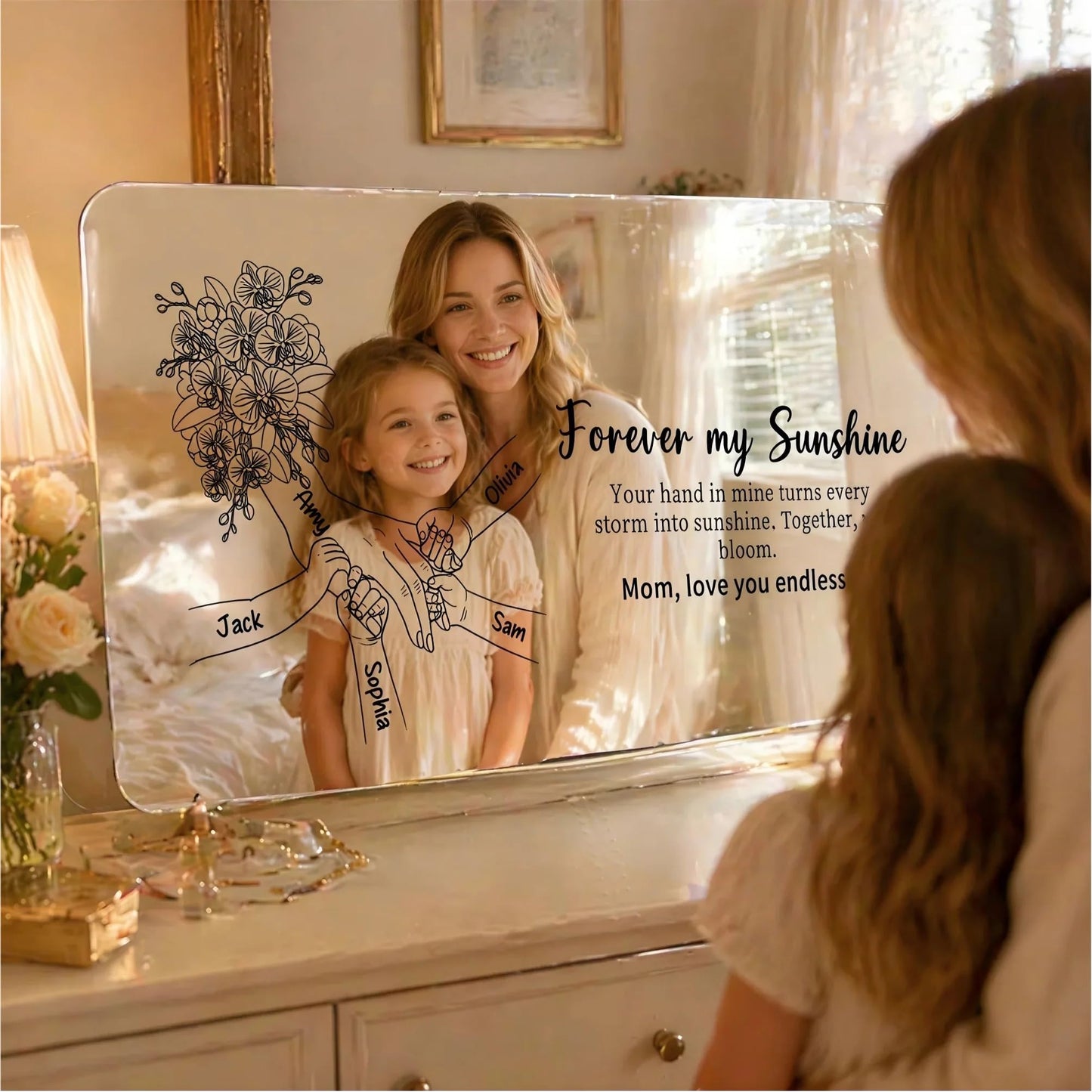 LogaPresent Hand in Hand Personalized Mom and Kids' Hands Mirror Light Custom Mommy Holding Hands Mirror with Kids Names for Mom Nana Grandma Mothers Day (Mirror-5)