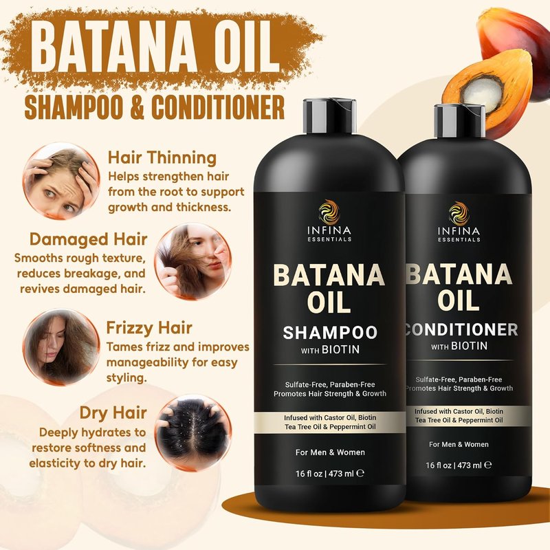 Batana Oil Shampoo and Conditioner Set - Biotin & Tea Tree | Moisturizing, Strengthening Formula | 16 fl oz Each