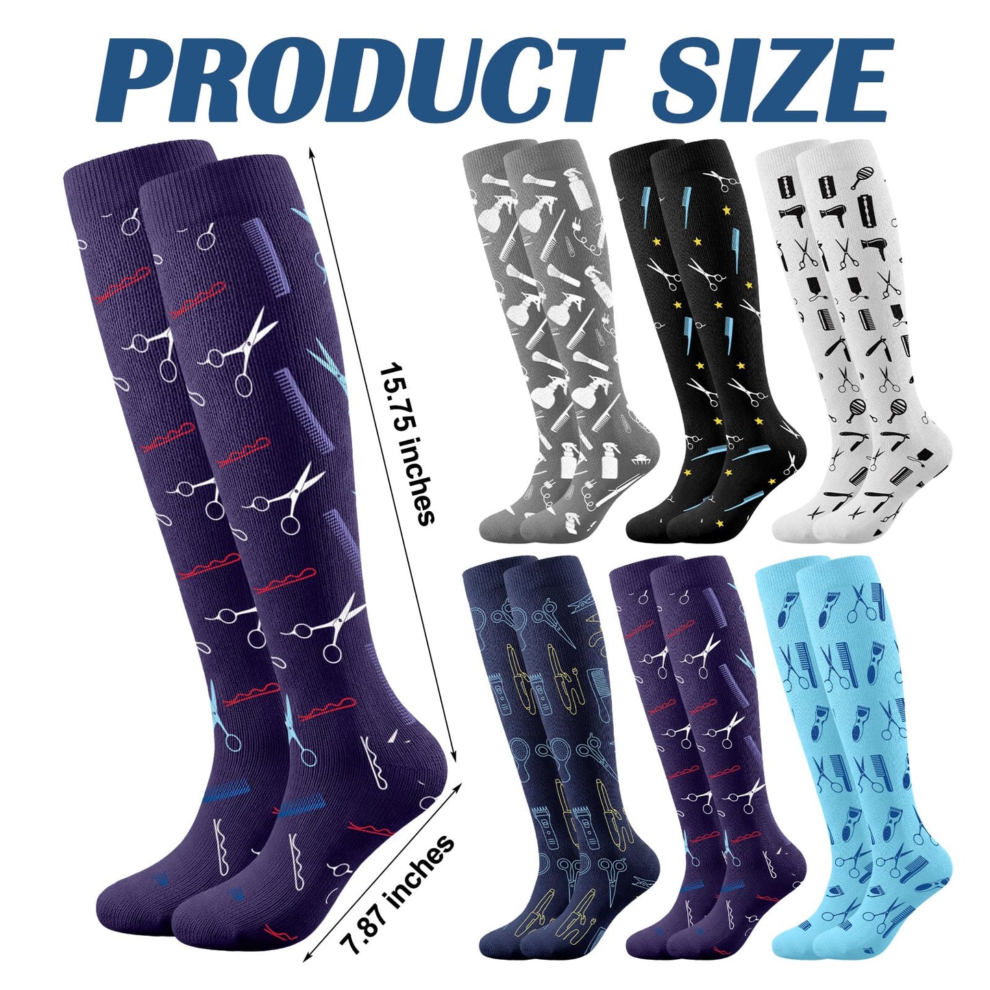 Janmercy 6 Pairs Knee High Barber Compression Socks, Unisex Hairdresser Gifts for Men Women, Long Hours on Your Feet Salon Work Socks for Travel Running