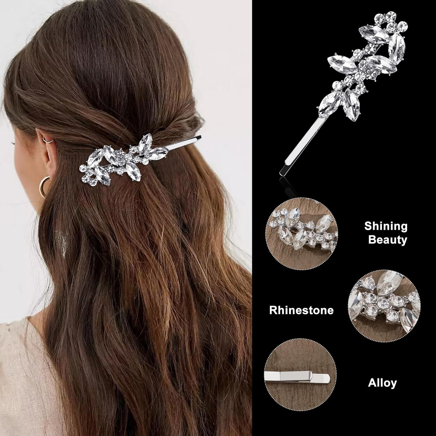 4pcs Rhinestone Hair Barrettes for Women Leaf Wedding Hair Pins Crystal Bobby Pins Silver Bridal Hairpin Clips for Brides Bridesmaids Flower Girls