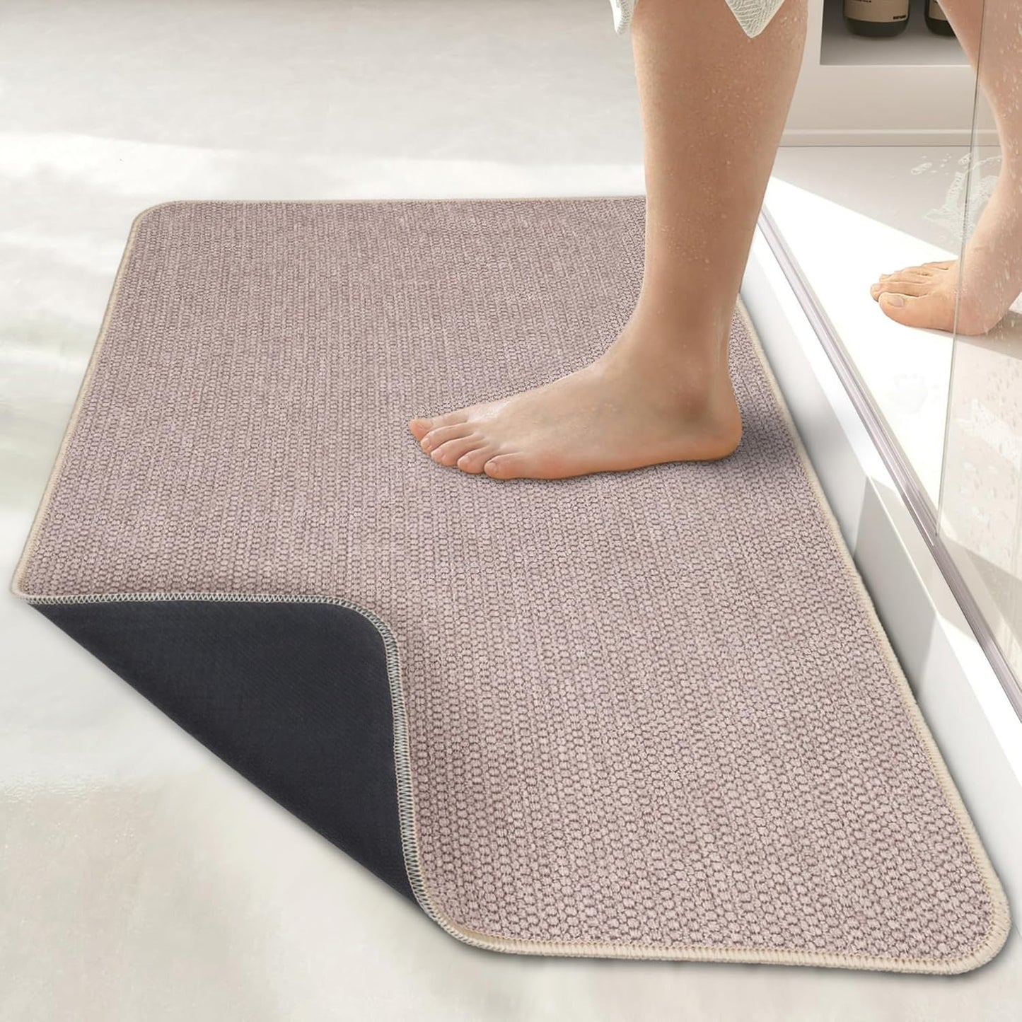 Ultra Thin Bath Mat - Non-Slip Rubber Bathroom Rug, Quick Dry & Absorbent | Grey, 1'5"x2'3" (17x27 Inch)