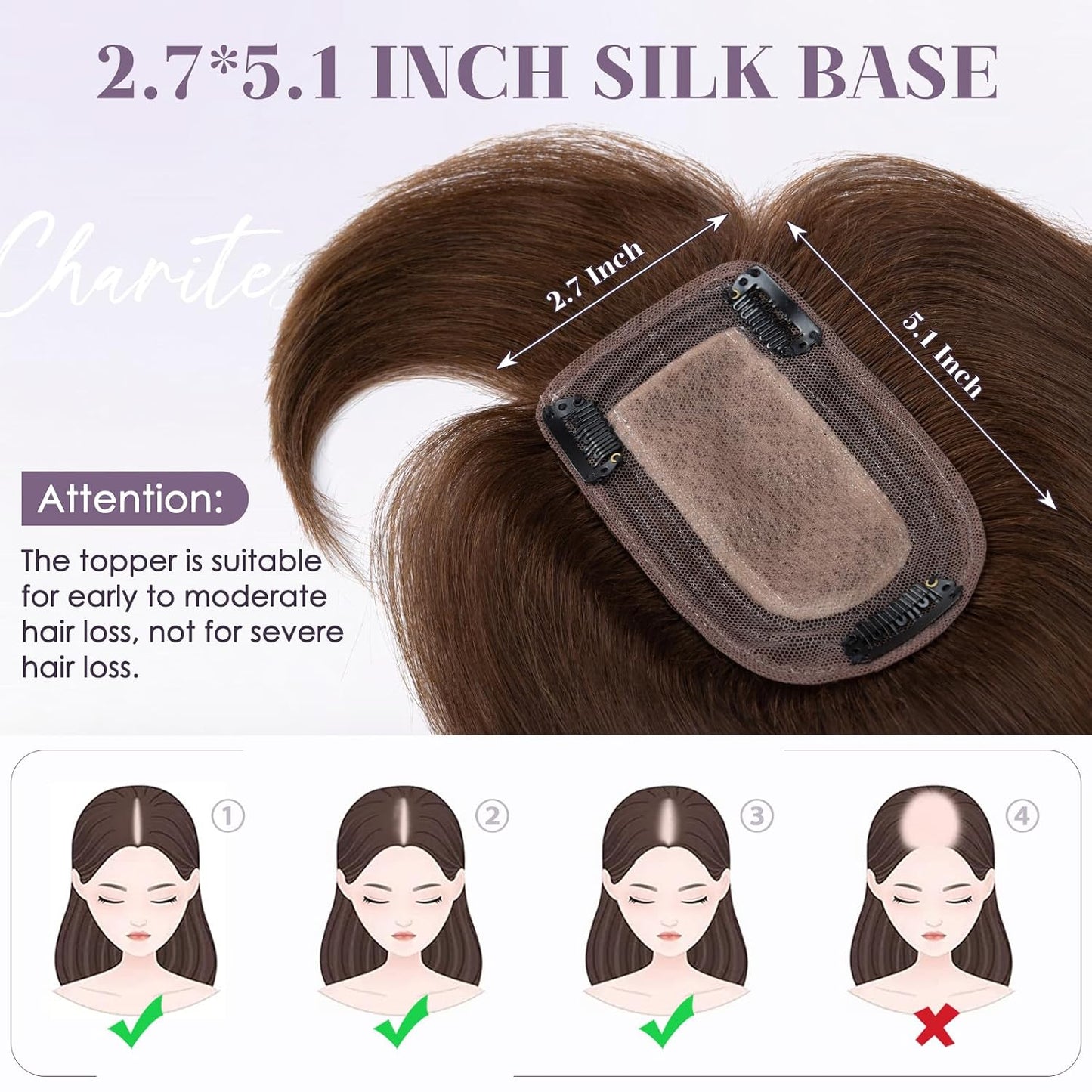 Hair Toppers for Women - Real Human Hair Clip-In 10 Inch Straight Hairpieces | Medium Brown Silk Base with Bangs