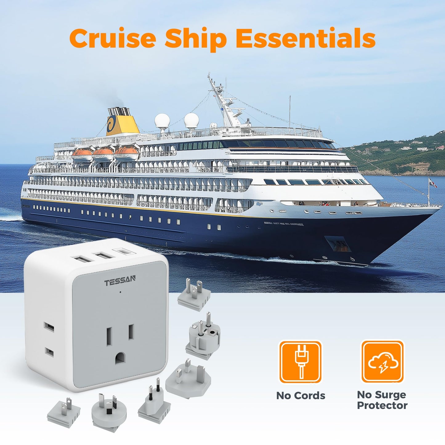 TESSAN All European UK Travel Plug Adapter Kit, 6-in-1 International Power Adapter with 3 USB (1 USB C) and 3 AC Outlets, Supports Type C, G, E/F, I, A, B for US to Europe UK Italy Australia Japan