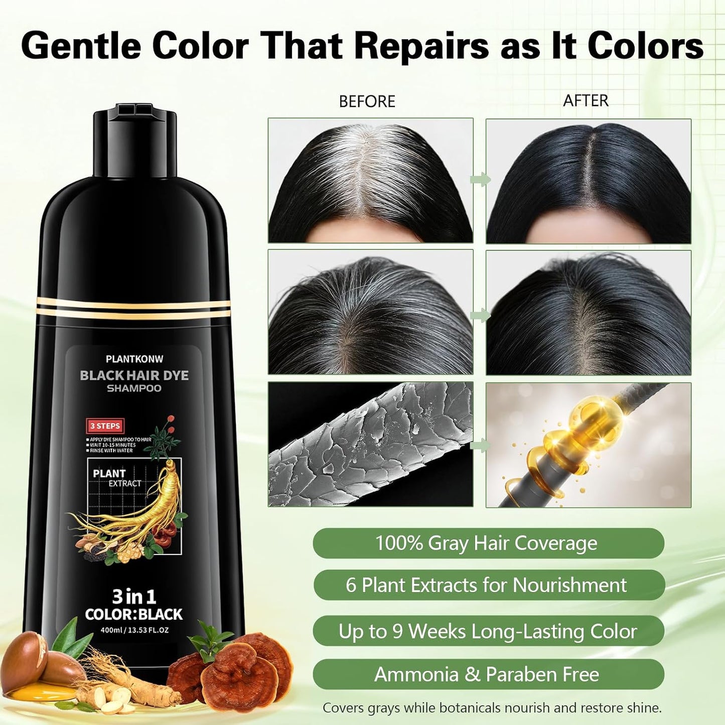 Black Hair Dye Shampoo - 3 In 1 Semi-Permanent Color for Gray Coverage | Ammonia & Paraben Free
