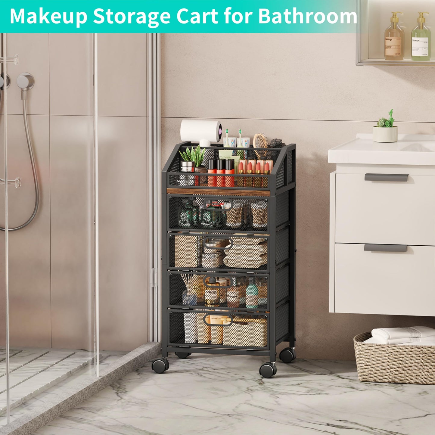 HapiRm Rolling Makeup Organizer Cart- Under Desk Vanity Storage with 4 Drawers, Floor Nail Cart Skincare Organizers Cosmetics Display Cases for Nail Polish Perfume Makeup Brush Hair Tool, Black
