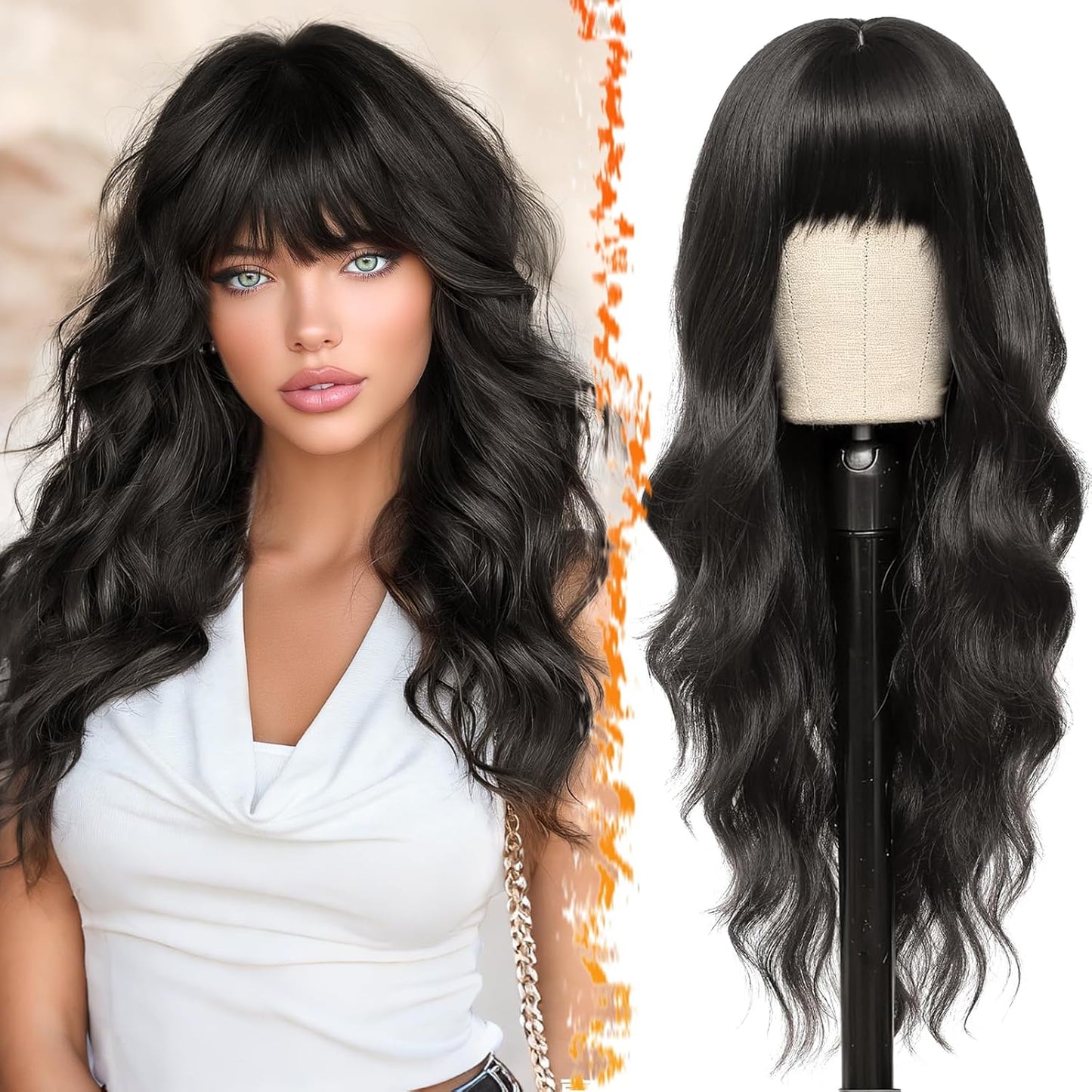 Long Wavy Blonde Curtain Bangs Wig - 26" Synthetic Ombre Wig with Dark Roots | Soft Natural Look