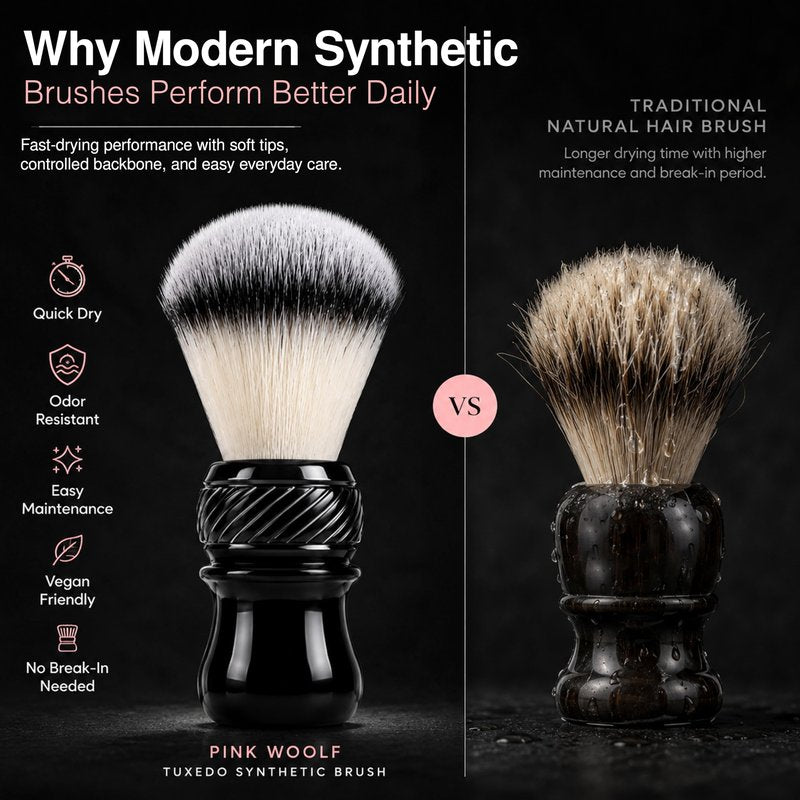 Pink Woolf Synthetic Shaving Brush for Men – 24mm Tuxedo Knot, Quick-Dry Soft Bristles, Compact Travel Shave Brush for Rich Lather with Soap or Cream – Black Handle