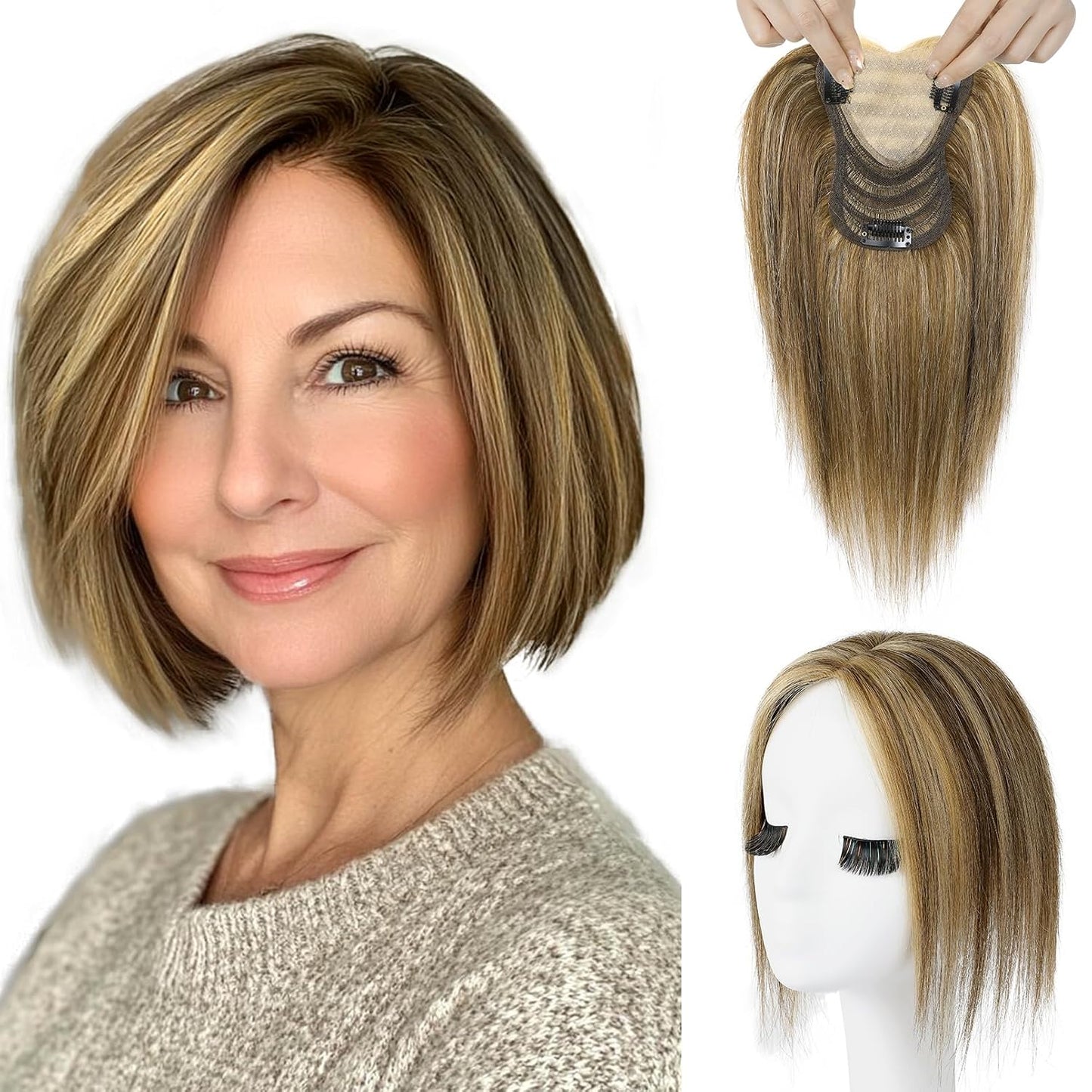 REECHO Human Hair Toppers - Real Thick Hair Topper for Women | Invisible Wiglet for Daily Volume, Medium Brown with Highlights