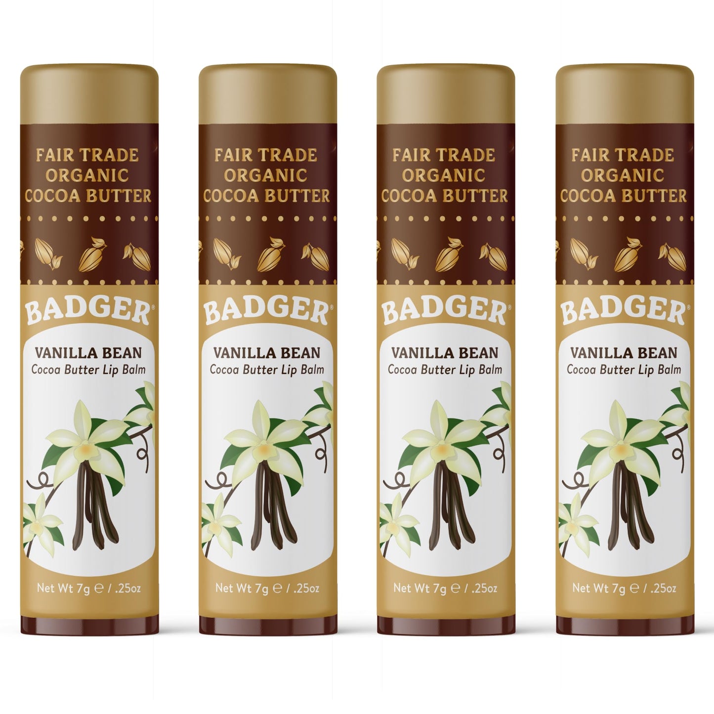 Badger Vanilla Bean Cocoa Butter Lip Balm, Long Lasting Hydrating Lip Care, 100% Organic Lip Balm, Large Size Stick, 4-pack