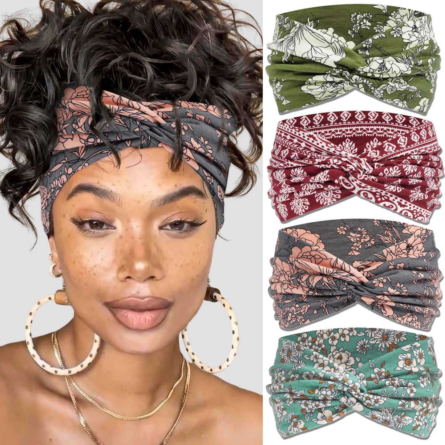 FARSYOD Boho Head Bands for Women Wide Non Slip Hairbands Crisscross Knotted Headwraps Fashion Floral Headband African Red Turban Stretchy Soft Workout Daily Life Gift 4 Pack