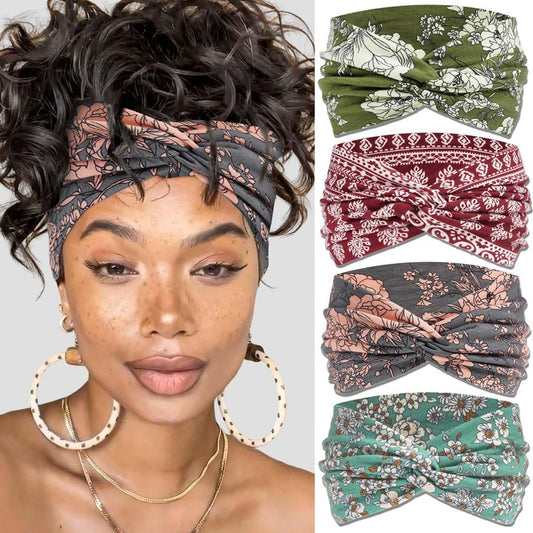 FARSYOD Boho Head Bands for Women Wide Non Slip Hairbands Crisscross Knotted Headwraps Fashion Floral Headband African Red Turban Stretchy Soft Workout Daily Life Gift 4 Pack