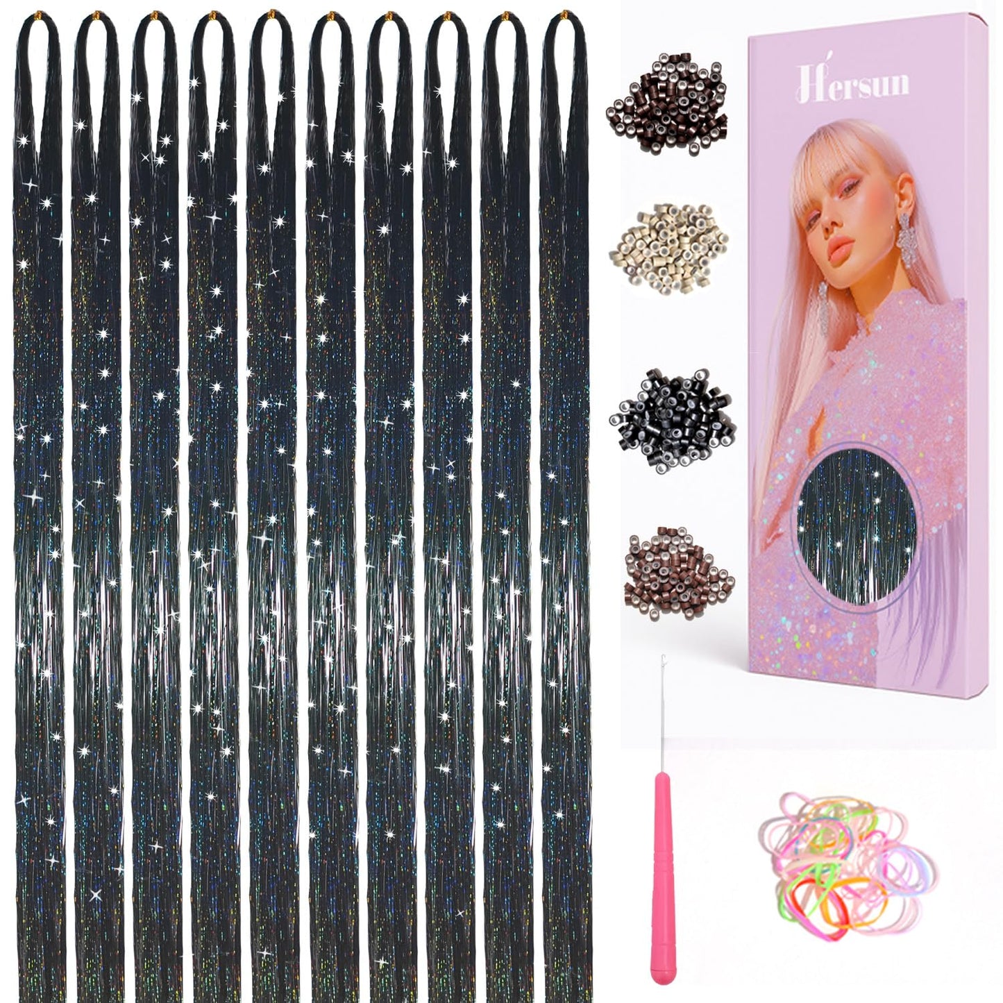 Hersun Hair Tinsel Kit - 10 Colors, 3200 Strands, 48in | Heat-Resistant Fairy Hair Extensions for Parties & Festivals