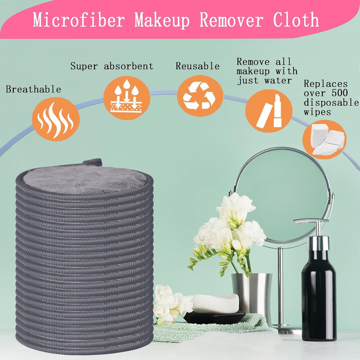 Reusable Makeup Remover Pads - Soft Microfiber Face Cleaning Cloths | 5-Inch Washable Pads with Laundry Bag, 12 Pack - Grey