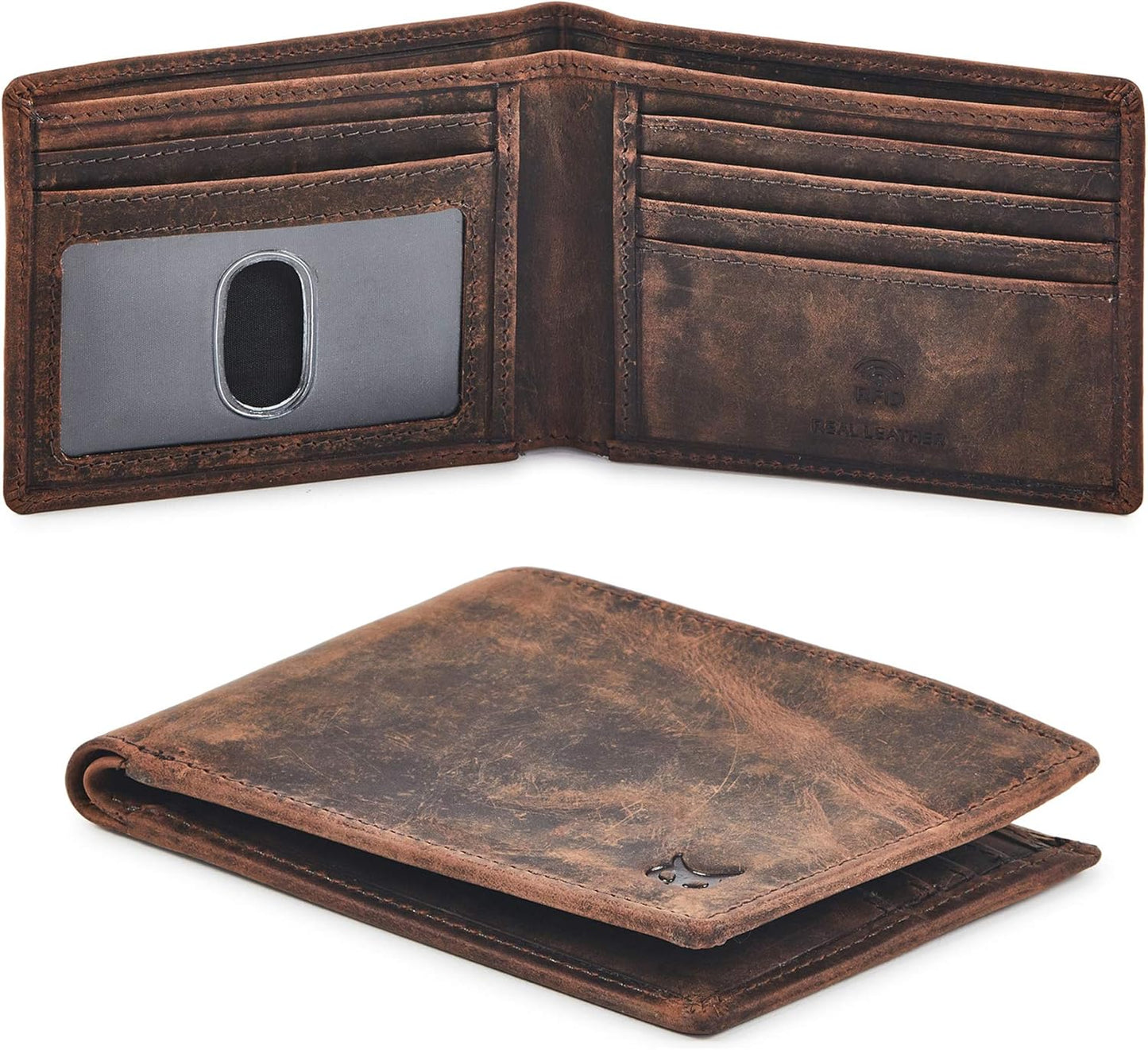 Real Leather Mens Bifold Wallet | RFID Blocking Slim Minimalist Design - Thin & Stylish with ID Window in Gift Box (Crazy Horse, Coffee)