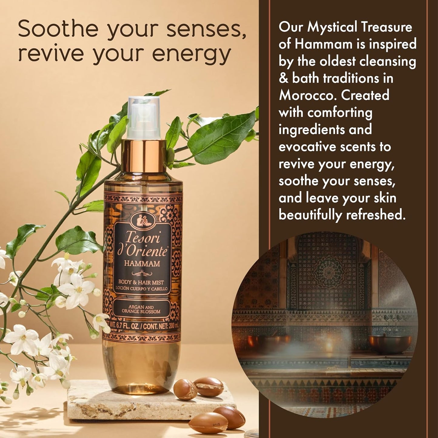 Hammam Hair & Body Mist - Warm Floral Citrus Scent with Orange Blossom & Argan Extract | 6.7 fl oz
