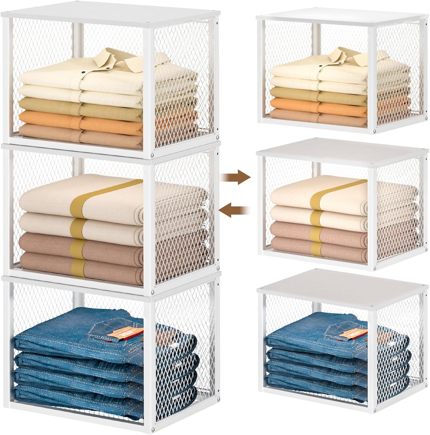 Stackable Closet Organizers - 3 Pack Storage Baskets with Wood Top | Multifunctional Clothes Organizer for Wardrobe, Kitchen, Laundry Room - White