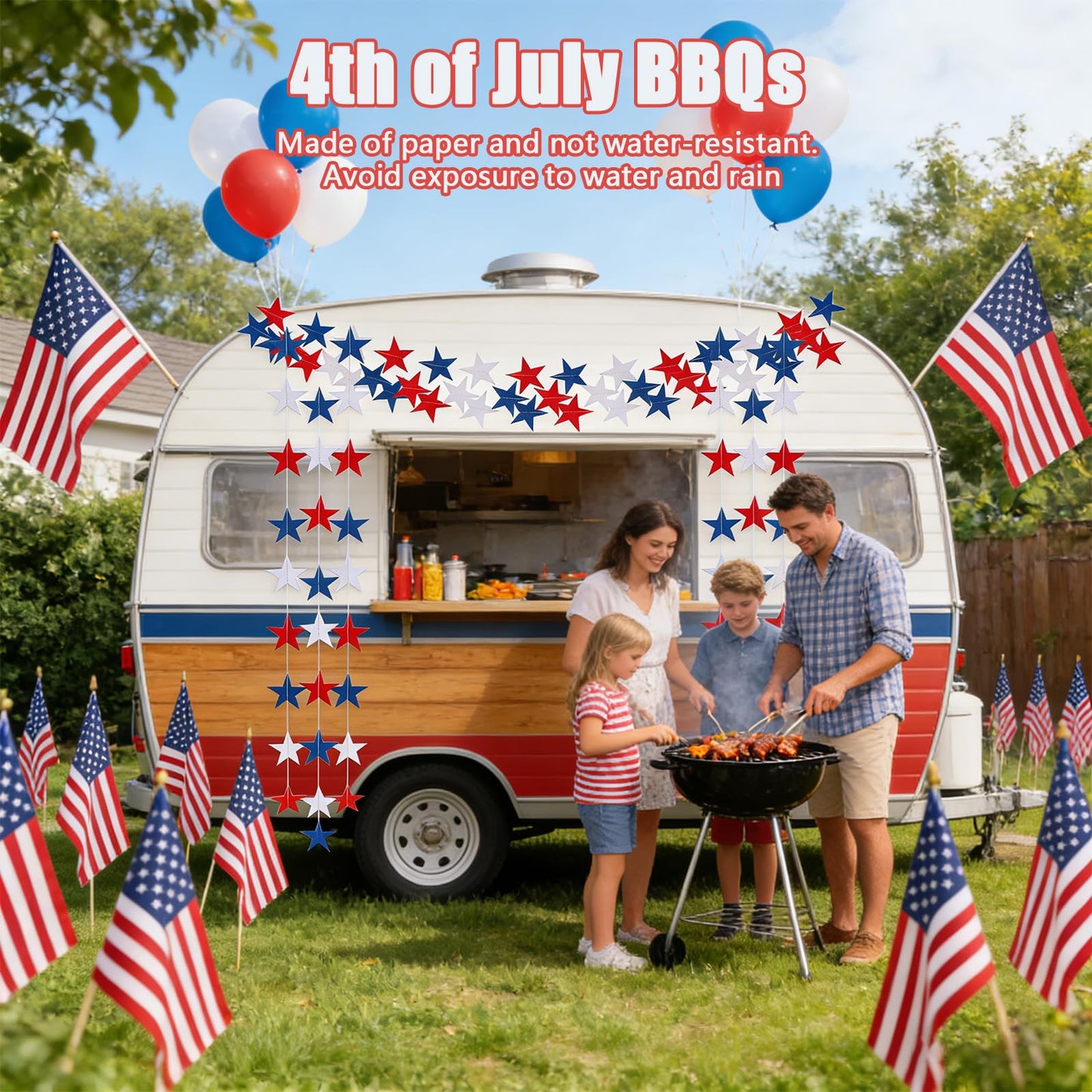 BRIOYHA 105ft Red White Blue Paper Star Garland, 8 Strands Double Side Twinkle Stars for 4th of July Independence Day Patriotic Memorial Day Party Decorations