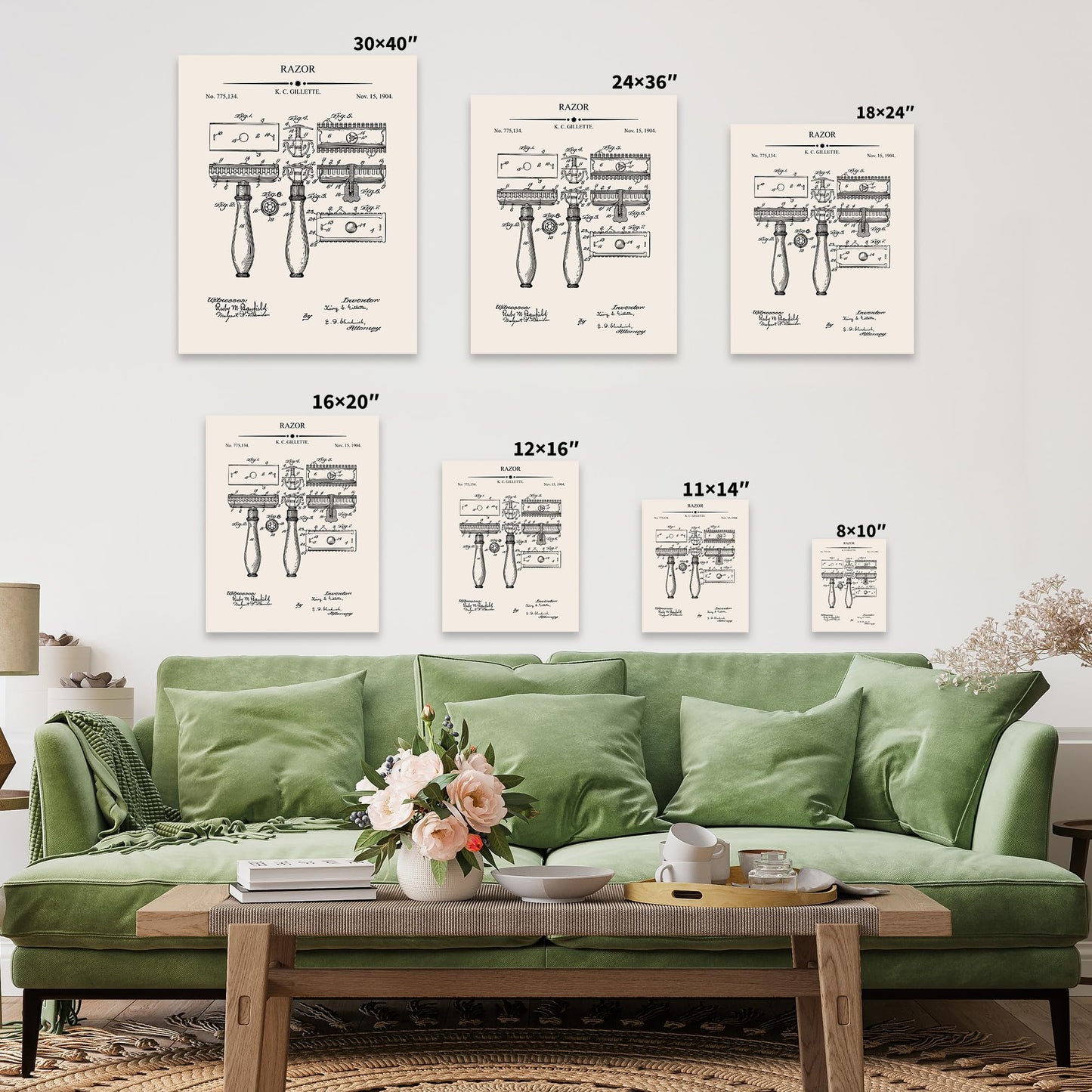 Poster Master 4-Piece Shaving Blueprint Canvas - Razor Patent Print - Shaving Mirror & Brush Art - Technical Drawing Design - Great Barber Shop Wall Decor - Available in 8x10 to 30x40