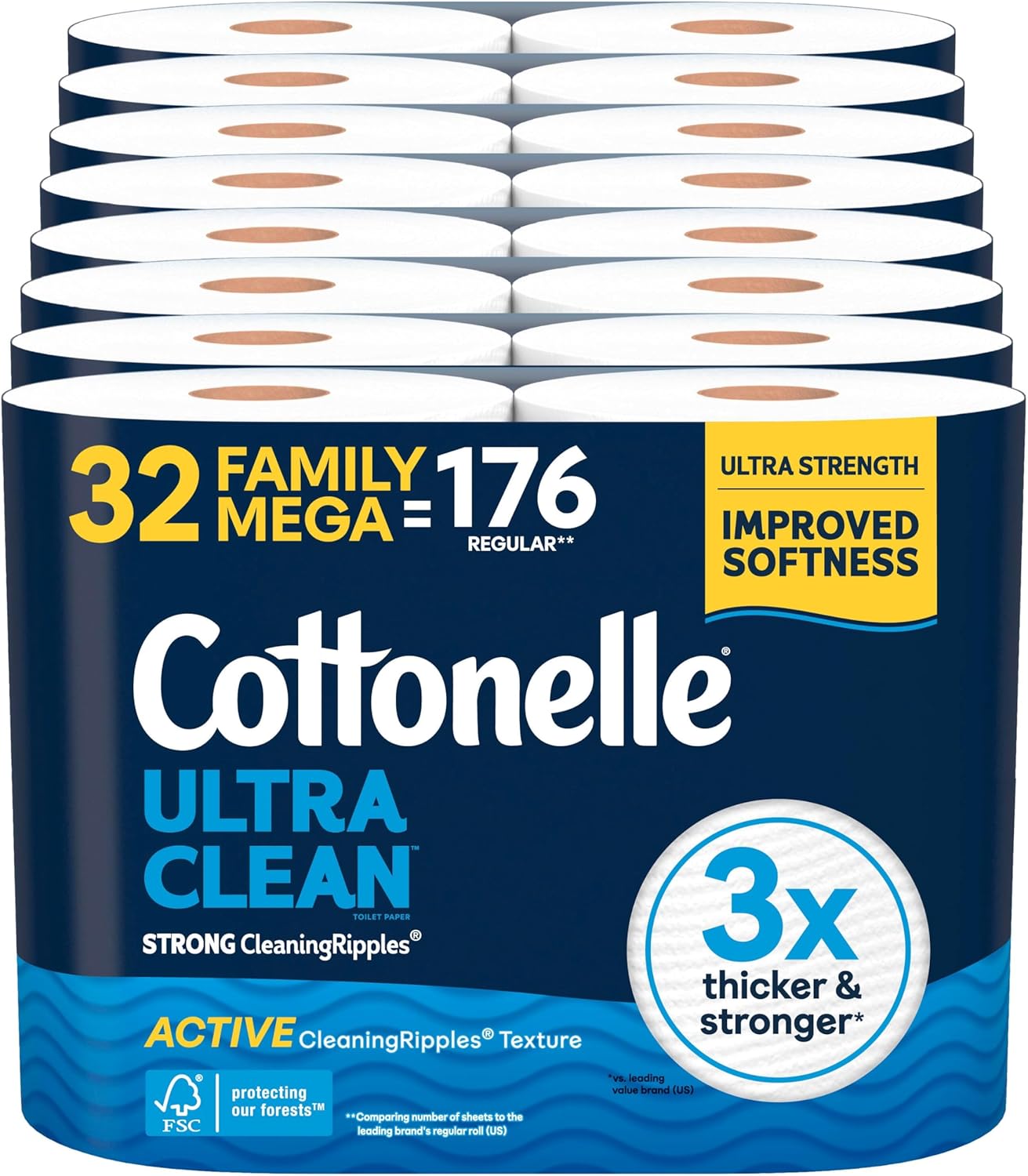 Cottonelle Ultra Clean Toilet Paper - Active Cleaning Ripples Texture, 24 Mega Rolls | Strong Bath Tissue