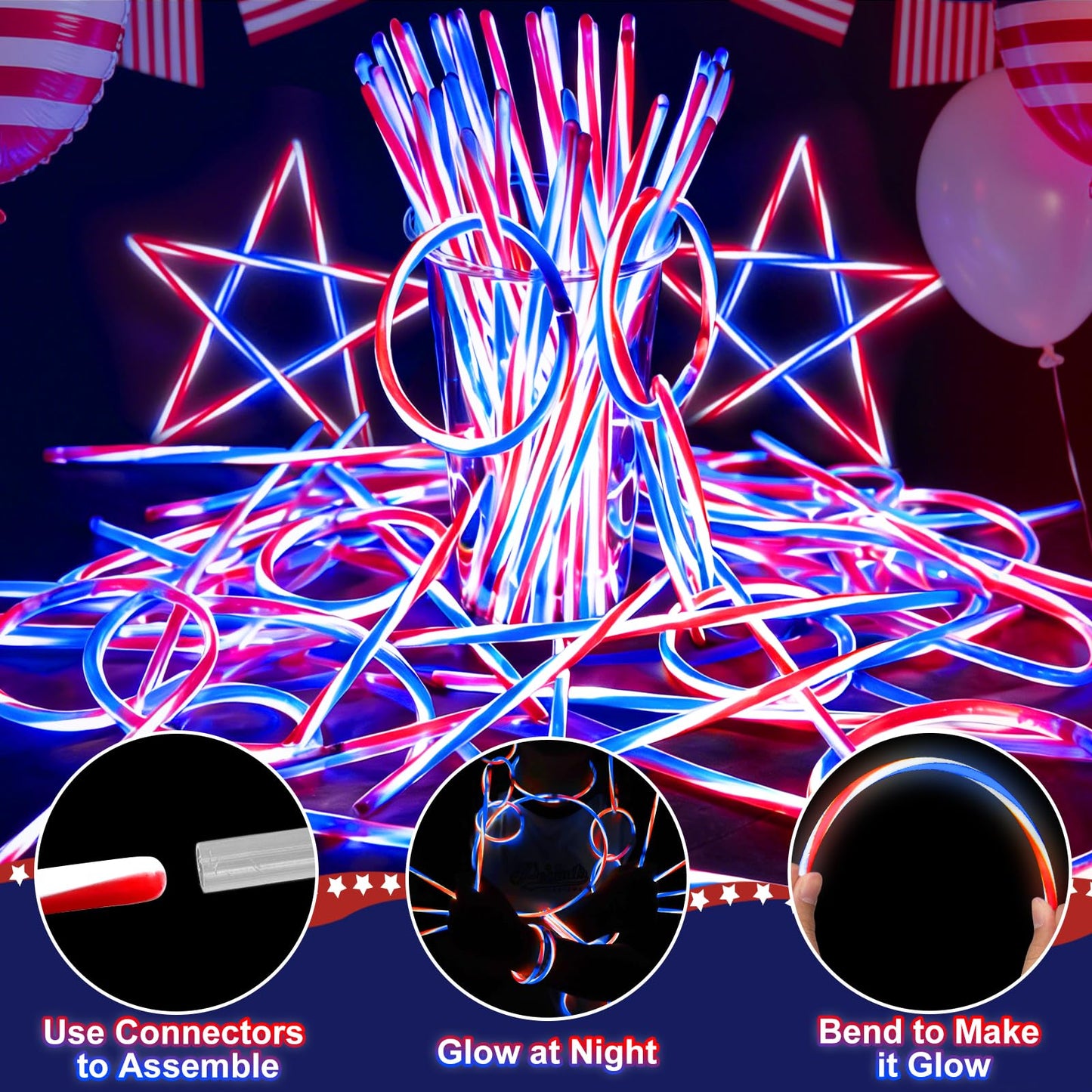 200 PCS 4th of July Glow Sticks Bulk with Connectors,Red White Blue 3 Colors In 1 Glow in The Dark Stick, Light Up Bracelets & Necklaces for Kids & Adults, 250th Anniversary USA Party Favor Supplies